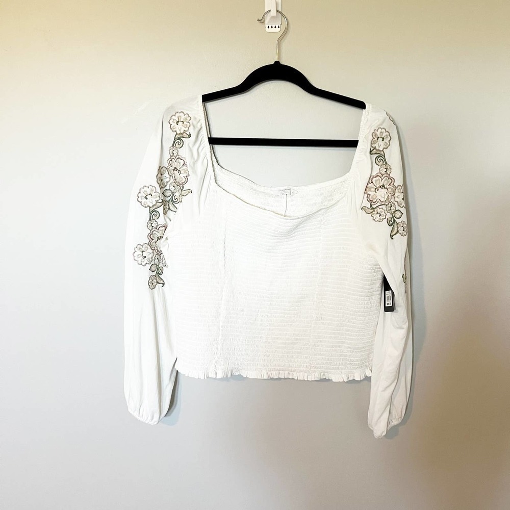 Lucky brand‎ white bohomian embroidered ruched square neck blouse